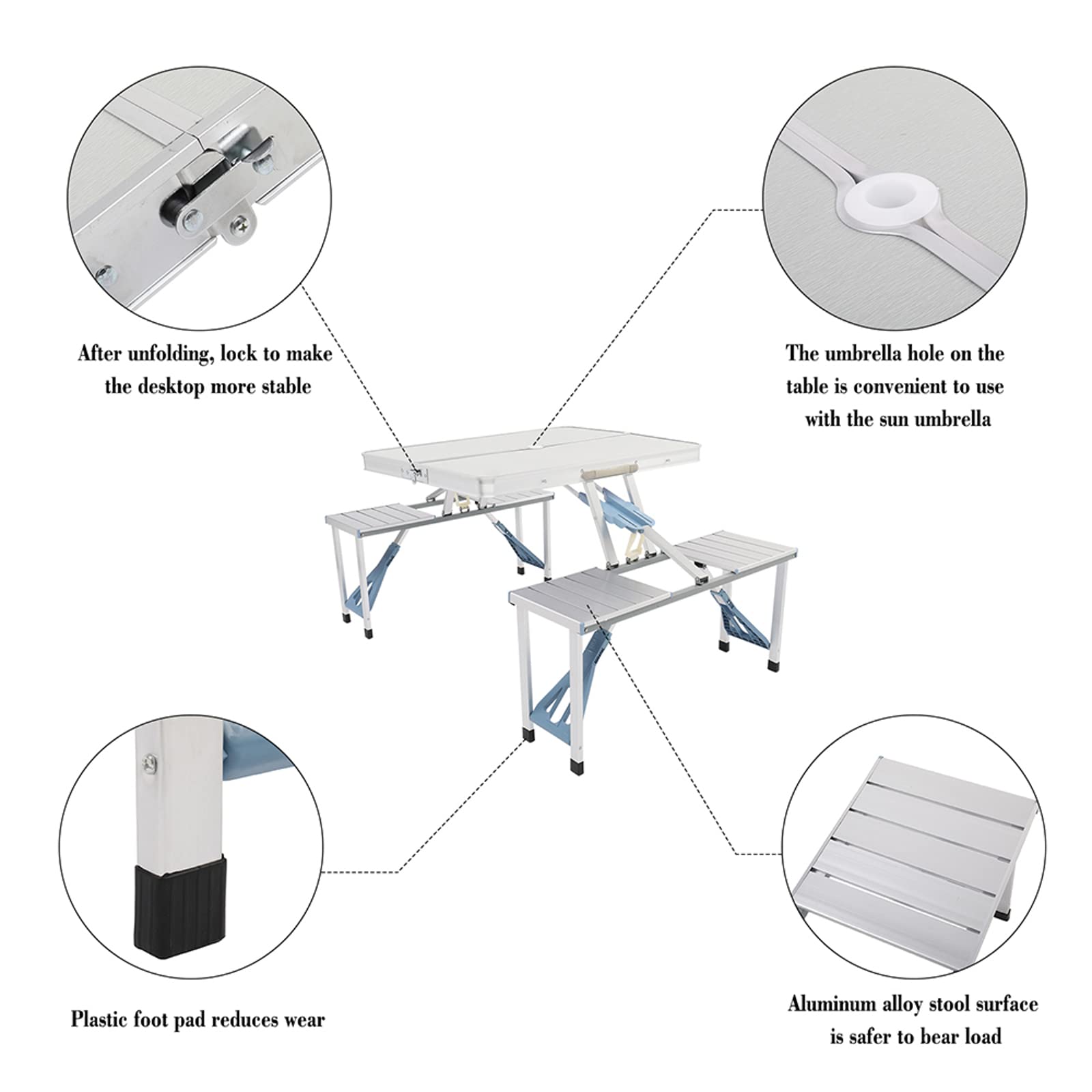 Outvita - Mesa de picnic portátil con asientos, juego de mesa de comedor plegable de una sola pieza con agujero para sombrilla para barbacoa, reuniones, viajes, fiestas, playa, patio