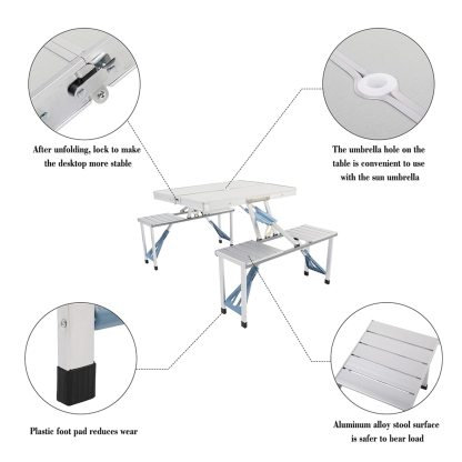 Outvita - Mesa de picnic portátil con asientos, juego de mesa de comedor plegable de una sola pieza con agujero para sombrilla para barbacoa, reuniones, viajes, fiestas, playa, patio