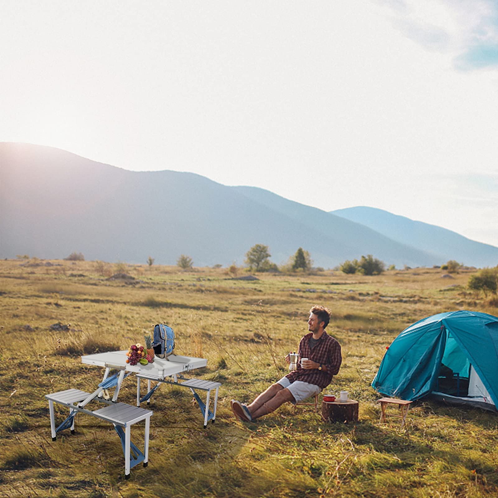 Outvita - Mesa de picnic portátil con asientos, juego de mesa de comedor plegable de una sola pieza con agujero para sombrilla para barbacoa, reuniones, viajes, fiestas, playa, patio