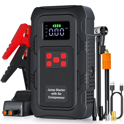 【POVASEE】 Arrancador portátil todo en uno de 6000 A/24000 mAh con batería externa de 12 V y compresor de aire de 150 PSI para arranque de coche e inflado de neumáticos. Pantalla LCD inteligente.