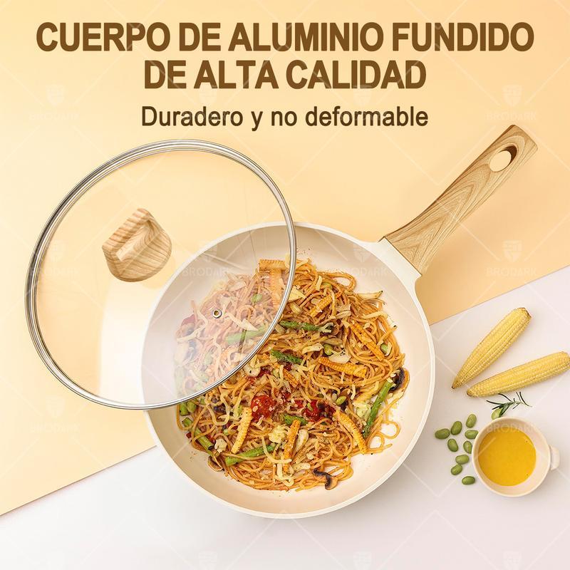 BRODARK Juego de 15 piezas de ollas y sartenes, con sartenes antiadherentes de cerámica en blanco y negro, compatible con placas de inducción, con manijas con impresión de madera, tapas de vidrio, incluye una cazuela de caldo y un sartén, y apto para horn