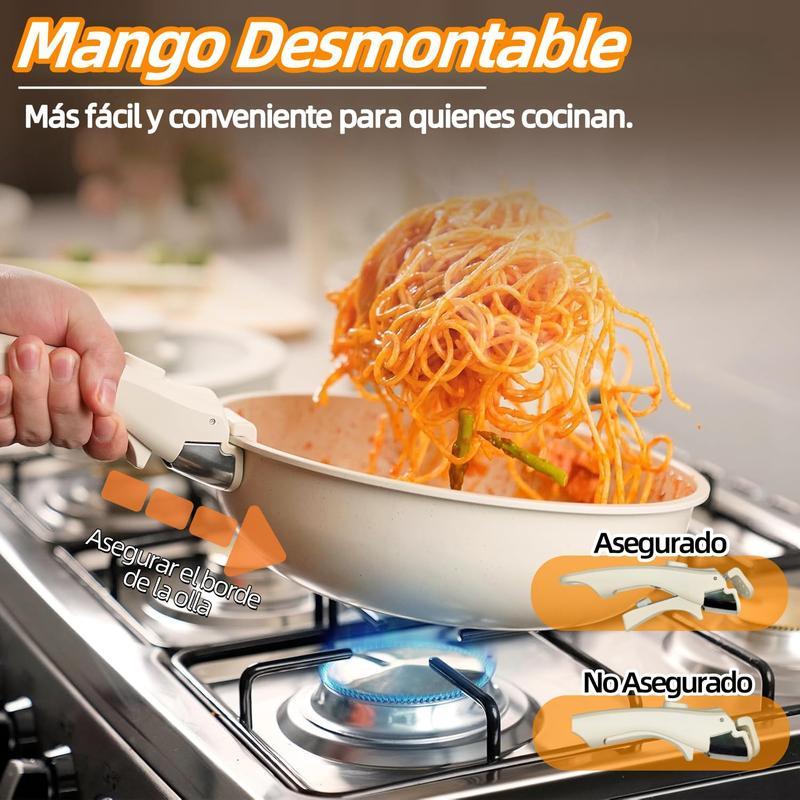 Batería De Cocina 15/17/22 Piezas Juego De Sartenes Ollas  Utensilios Sartenes Antiadherentes Con Mangos Desmontables Y Tapas De Vidrio Para Inducción, Gas Y Horno Negro Blanco Libre de PTFE, PFOA, plomo y cadmio. Cocina con menos aceite, sin que se pegue