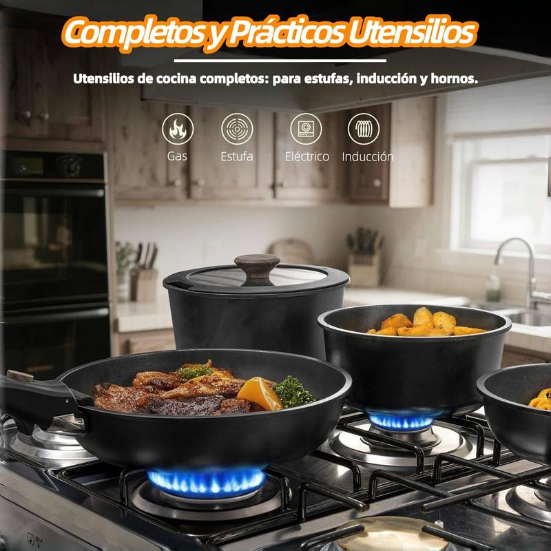 Batería De Cocina 15/17/22 Piezas Juego De Sartenes Ollas  Utensilios Sartenes Antiadherentes Con Mangos Desmontables Y Tapas De Vidrio Para Inducción, Gas Y Horno Negro Blanco Libre de PTFE, PFOA, plomo y cadmio. Cocina con menos aceite, sin que se pegue