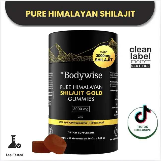 Gomitas de Shilajit puro del Himalaya de Be Bodywise (Root Labs) | Edición «Año nuevo, vida nueva» | 3000 mg con Ashwagandha KSM-66, Gokshura, azafrán y Black Musli | Ácido fúlvico y más de 85 oligoelementos | Sin azúcar añadido | Apoyo natural para la fu