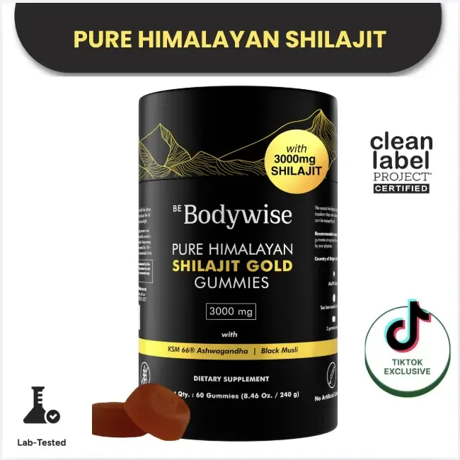 Gomitas de Shilajit puro del Himalaya de Be Bodywise (Root Labs) | Edición «Año nuevo, vida nueva» | 3000 mg con Ashwagandha KSM-66, Gokshura, azafrán y Black Musli | Ácido fúlvico y más de 85 oligoelementos | Sin azúcar añadido | Apoyo natural para la fu