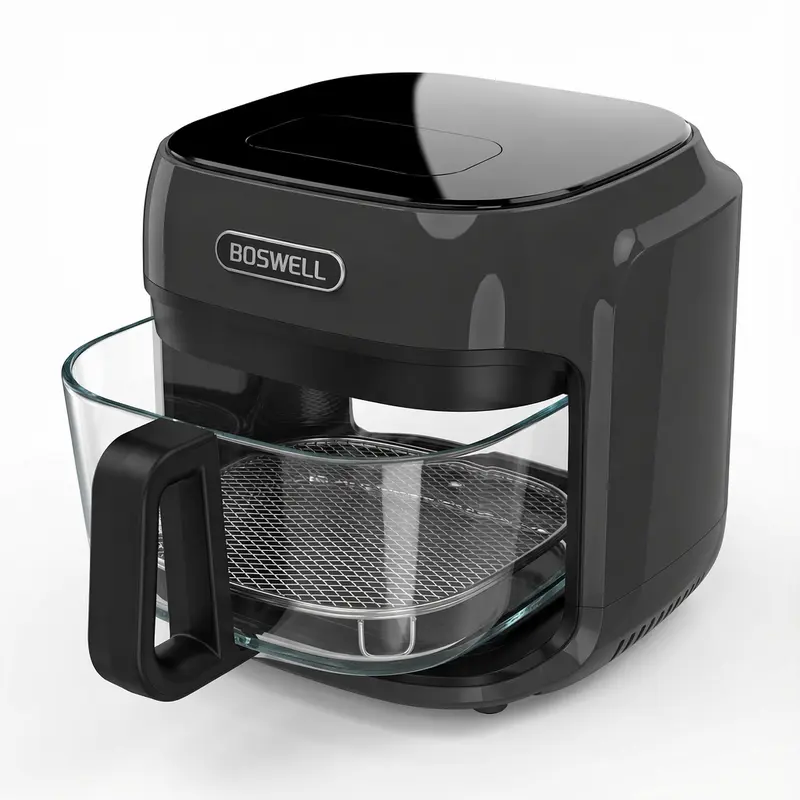 Freidora de aire BOSWELL de 7,5 cuartos (aprox. 7 litros) con recipiente transparente de vidrio resistente al calor y visibilidad total; 1200 W, calentamiento rápido, función 5 en 1, capacidad familiar de 7,5 cuartos (cabe un pollo entero), resultados cru