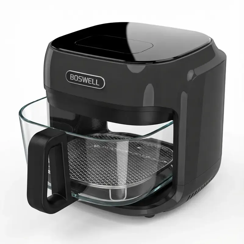 Freidora de aire BOSWELL de 7,5 cuartos (aprox. 7 litros) con recipiente transparente de vidrio resistente al calor y visibilidad total; 1200 W, calentamiento rápido, función 5 en 1, capacidad familiar de 7,5 cuartos (cabe un pollo entero), resultados cru