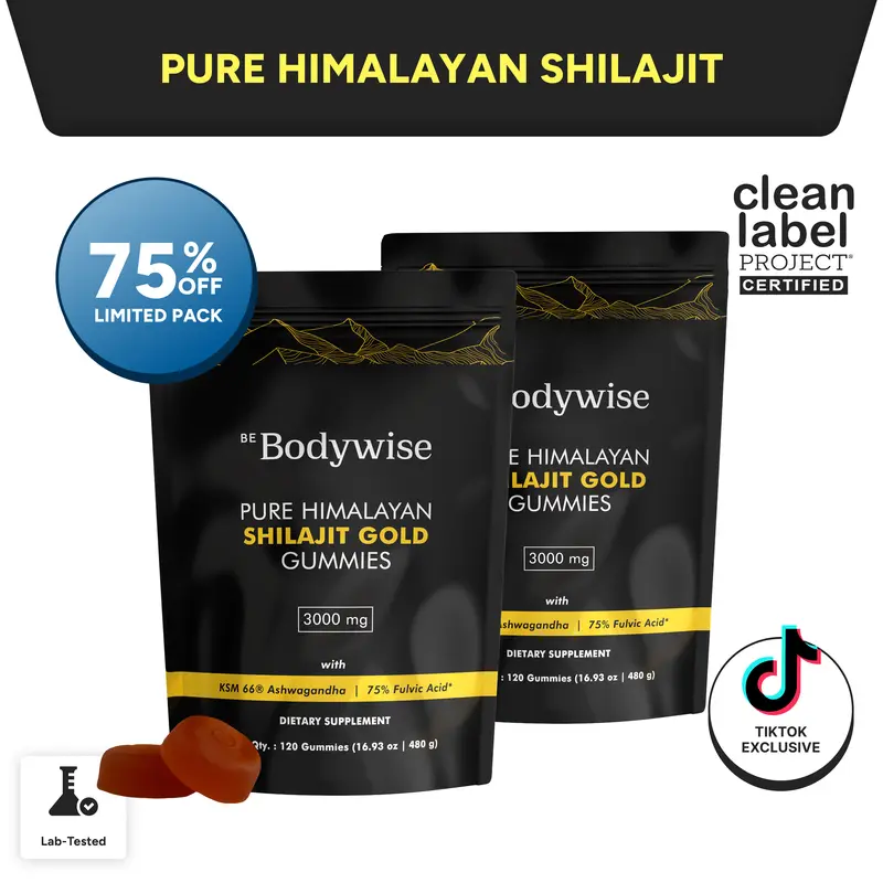 Gomitas de Shilajit puro del Himalaya de Be Bodywise (Root Labs) | Edición «Año nuevo, vida nueva» | 3000 mg con Ashwagandha KSM-66, Gokshura, azafrán y Black Musli | Ácido fúlvico y más de 85 oligoelementos | Sin azúcar añadido | Apoyo natural para la fu