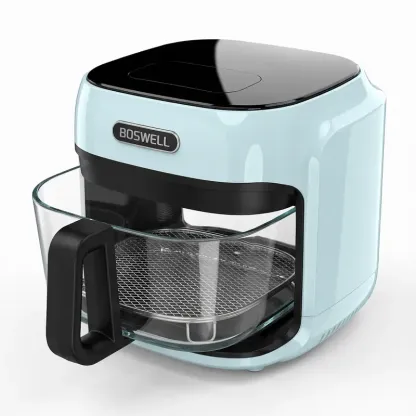 Freidora de aire BOSWELL de 7,5 cuartos (aprox. 7 litros) con recipiente transparente de vidrio resistente al calor y visibilidad total; 1200 W, calentamiento rápido, función 5 en 1, capacidad familiar de 7,5 cuartos (cabe un pollo entero), resultados cru