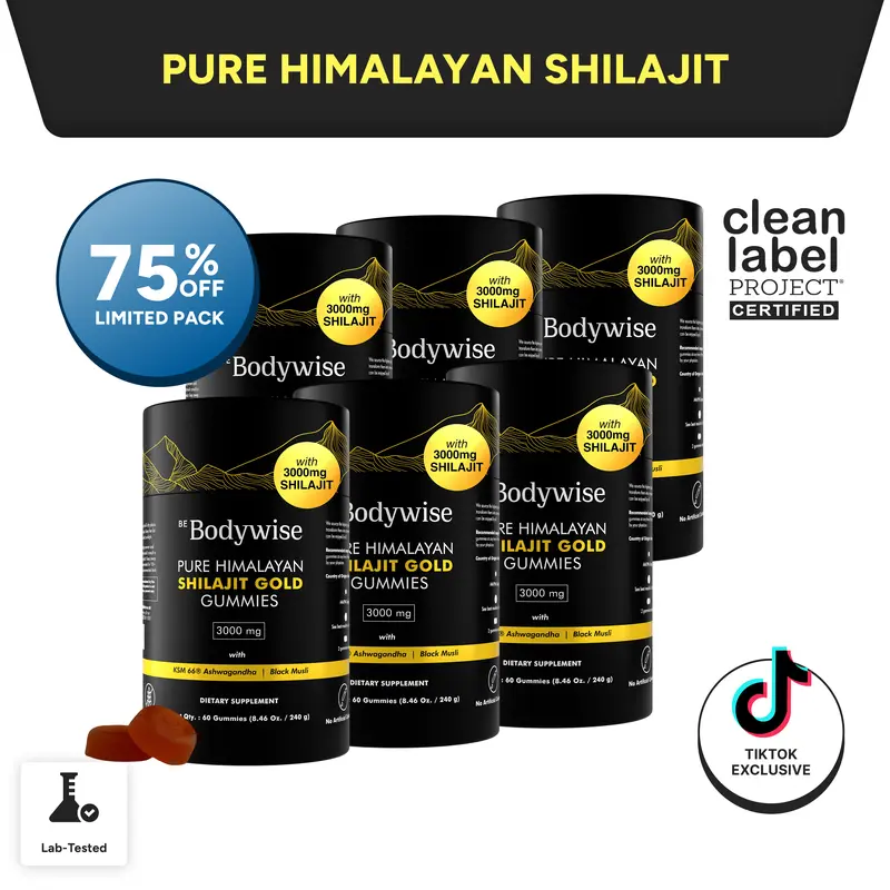 Gomitas de Shilajit puro del Himalaya de Be Bodywise (Root Labs) | Edición «Año nuevo, vida nueva» | 3000 mg con Ashwagandha KSM-66, Gokshura, azafrán y Black Musli | Ácido fúlvico y más de 85 oligoelementos | Sin azúcar añadido | Apoyo natural para la fu