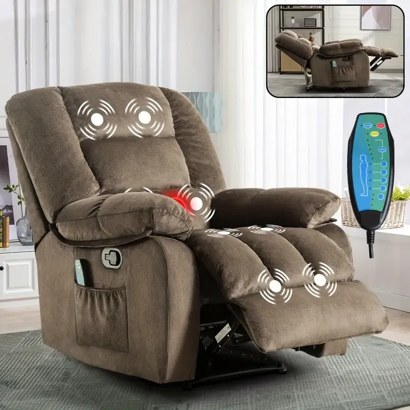 Silla de poder individual - Sillón elevador con función de masaje de cuerpo completo y calor - Sillón de salón ergonómico, cómodo y acolchado con bolsa de almacenamiento lateral, marrón