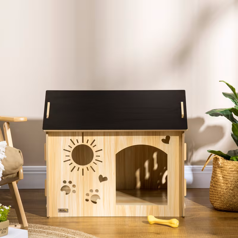 casa para perro, con aberturas de ventilación, resistente a  , material de madera, color negro+madera, 69 x 50 x 58.5 cm Detalles del producto 0