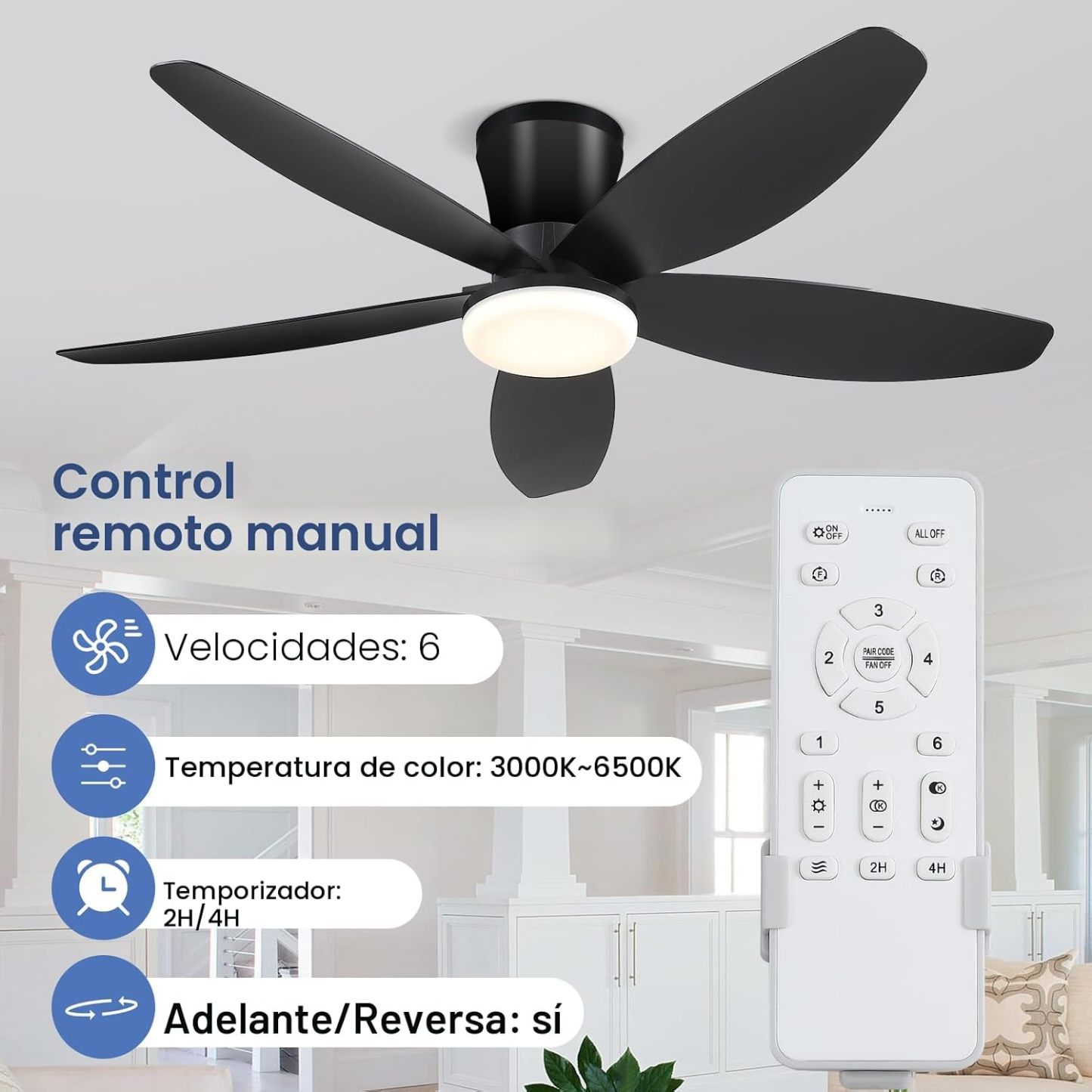 Ventiladores de techo de 42" con luz - Ventilador de techo de perfil bajo con luz y control remoto, montaje empotrado, reversible DC, LED regulable, color negro. Ventiladores de techo para dormitorio, uso en interiores y exteriores/patio.