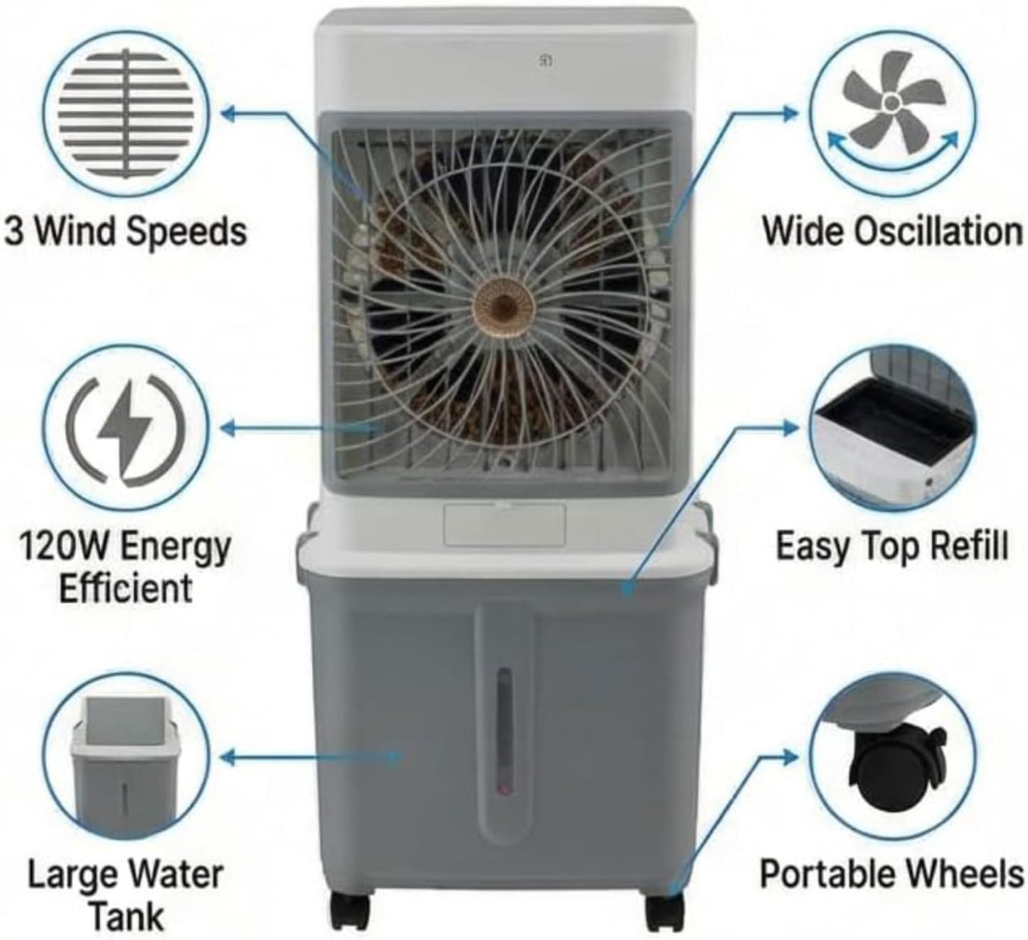 Aire acondicionado portátil silencioso de 32 litros, enfriador de aire portátil, ventilador humidificador, temporizador de 7 horas, 3 velocidades, control remoto, enfriador de aire para dormitorio y hogar.