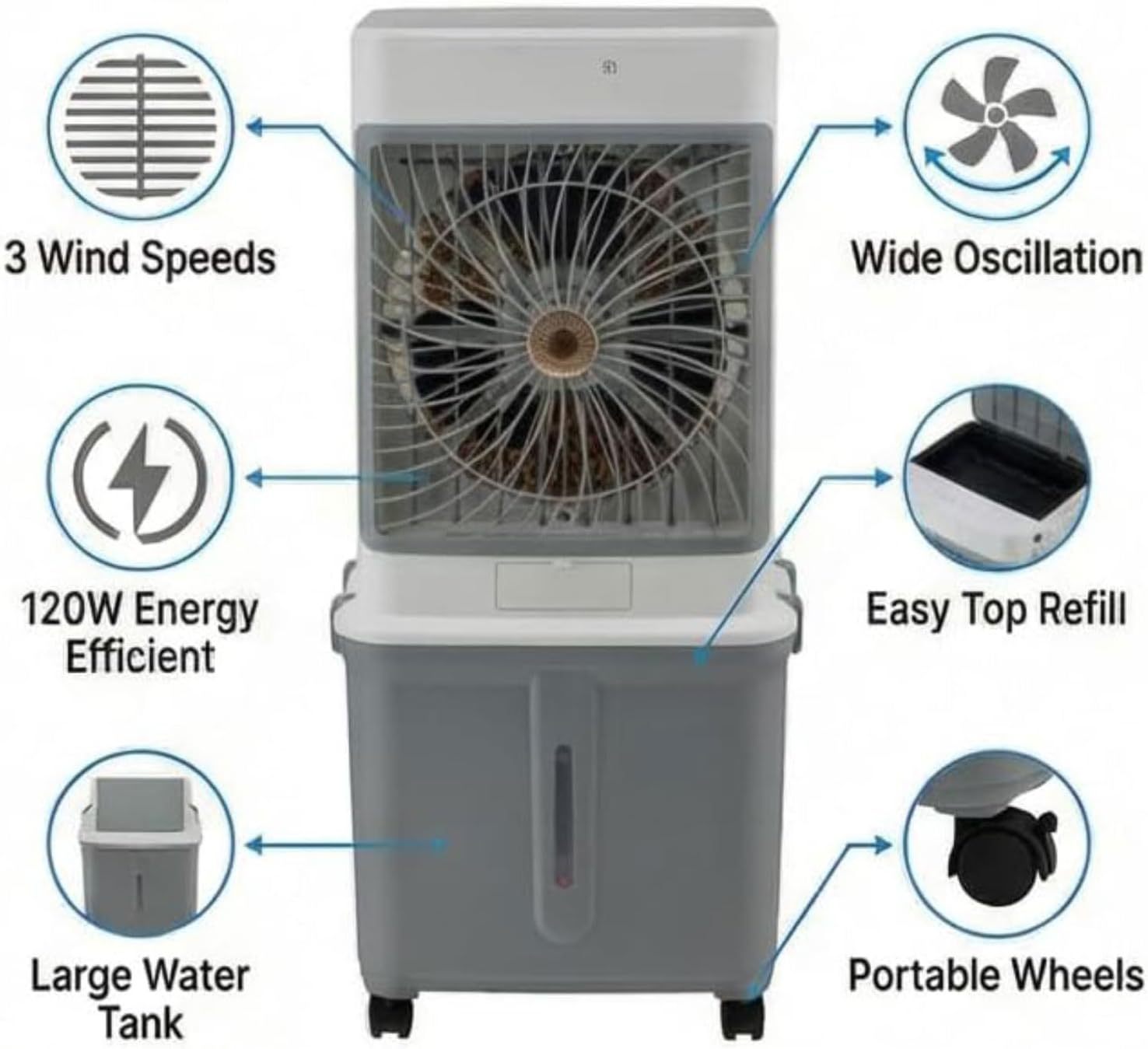 Aire acondicionado portátil silencioso de 32 litros, enfriador de aire portátil, ventilador humidificador, temporizador de 7 horas, 3 velocidades, control remoto, enfriador de aire para dormitorio y hogar.