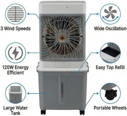 Aire acondicionado portátil silencioso de 32 litros, enfriador de aire portátil, ventilador humidificador, temporizador de 7 horas, 3 velocidades, control remoto, enfriador de aire para dormitorio y hogar.