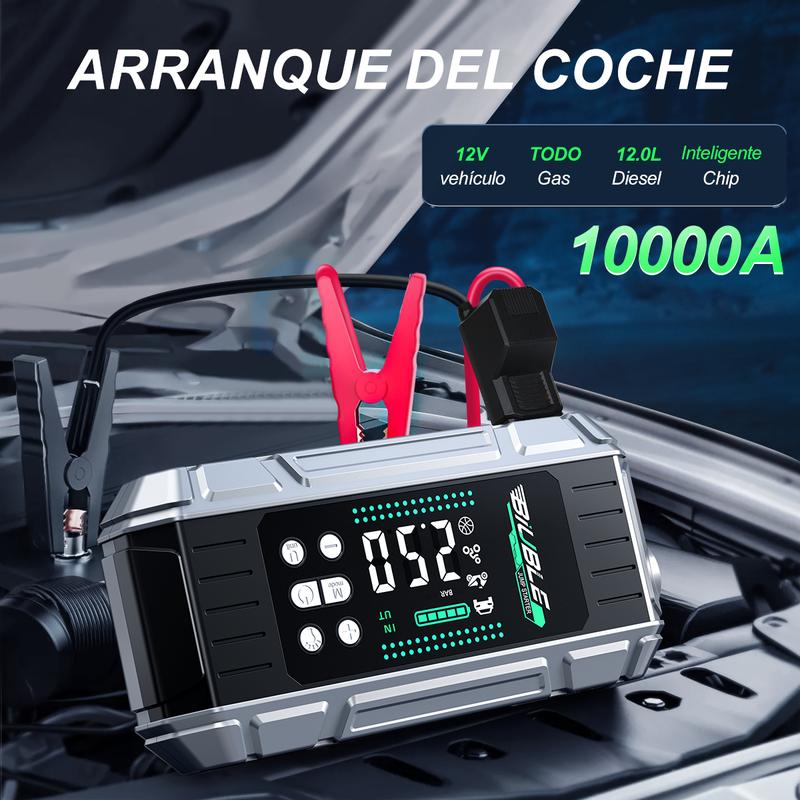 Arrancador de Batería con Compresor de Aire, 10000A, 150 PSI, Arrancador Portátil (Compatible con Motores All de Gasolina and 12.0L y Diésel), Arrancador de Batería para Auto 12V con Power Bank 26800mAh BIUBLE, Cables Inteligentes, Luz LED de Emergencia y