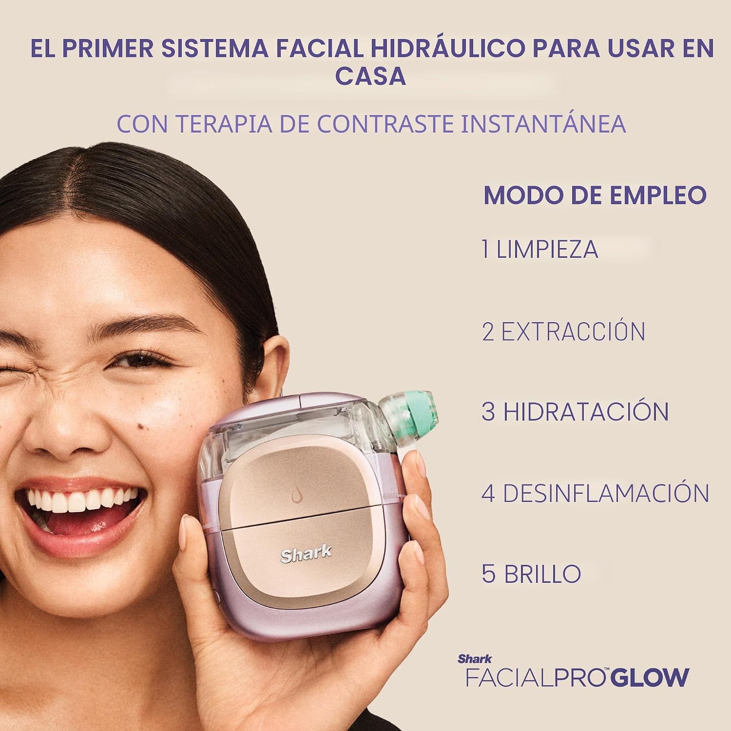 Shark FacialPro Glow en casa Sistema facial con tecnología hidráulica con terapia DePuffi caliente y frío - Dispositivo profesional de cuidado de la piel de spa para limpieza de poros, hidratación y