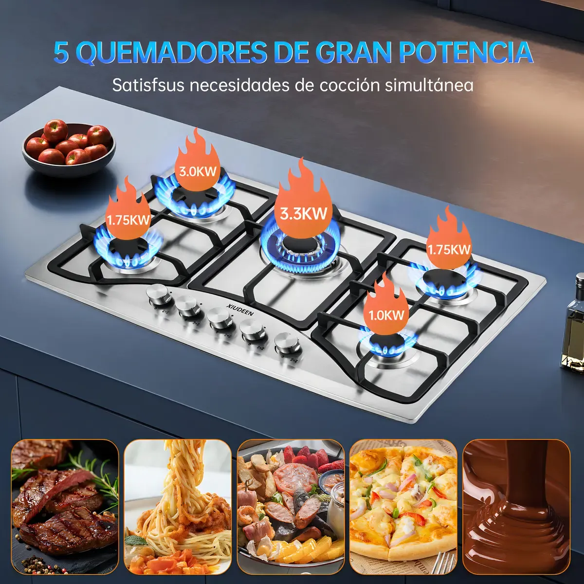 Parrilla de Gas Xiudeen Empotrable o de Mesa con 5 Quemadores en Acero Inoxidable Plateado