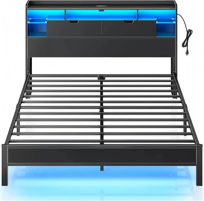 Cama Ironwood, Marco de Cama Metal Negro con Luces LED, 3 Puertos USB y 6 Estantes - Base de Almacenamiento, Resistente, Fácil Montaje (Individual / Matrimonial / Queen)