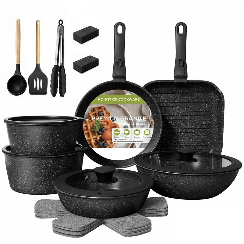 Batería De Cocina 15/17/22 Piezas Juego De Sartenes Ollas  Utensilios Sartenes Antiadherentes Con Mangos Desmontables Y Tapas De Vidrio Para Inducción, Gas Y Horno Negro Blanco Libre de PTFE, PFOA, plomo y cadmio. Cocina con menos aceite, sin que se pegue