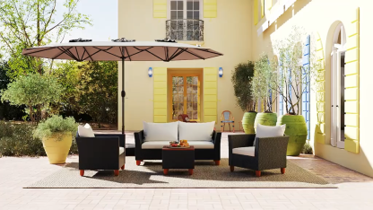 【Luces LED solares】Sombrilla grande de patio COSTWAY de 4,5 m, sombrilla doble extragrande para exteriores con base, 36 luces LED y manivela para jardín, terraza, piscina, patio, decoración del 4 de julio, regalo para papá