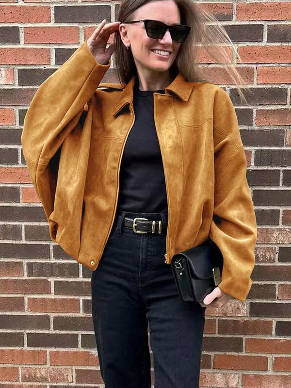 Women's Autumn Winter Suede Texture Zipper Loose Fit bomber jacket, Stylish Turn-Down Collar Design for Casual Wear