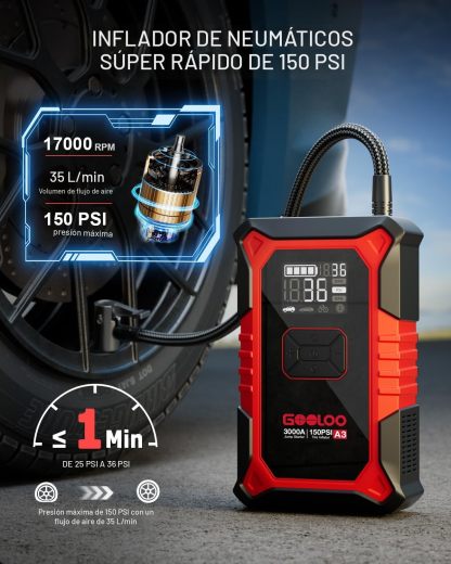 Arrancador portátil GOOLOO A3 de 12 V y 3000 A con compresor de aire