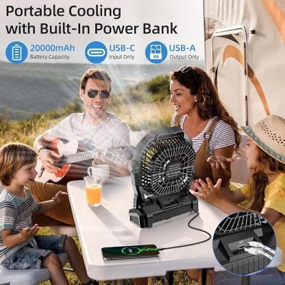 Ventilador recargable para camping, portátil y alimentado por batería de 20.000 mAh, con luz LED y gancho; cuenta con 4 velocidades y cabezal ajustable 270°. Ideal para tiendas de campaña, viajes, coche, uso en interiores y exteriores, barbacoas, pesca y 