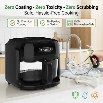 Freidora de aire BOSWELL de 7,5 cuartos (aprox. 7 litros) con recipiente transparente de vidrio resistente al calor y visibilidad total; 1200 W, calentamiento rápido, función 5 en 1, capacidad familiar de 7,5 cuartos (cabe un pollo entero), resultados cru