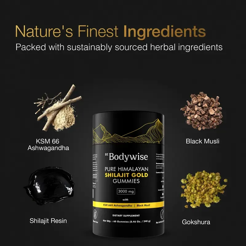 Gomitas de Shilajit puro del Himalaya de Be Bodywise (Root Labs) | Edición «Año nuevo, vida nueva» | 3000 mg con Ashwagandha KSM-66, Gokshura, azafrán y Black Musli | Ácido fúlvico y más de 85 oligoelementos | Sin azúcar añadido | Apoyo natural para la fu