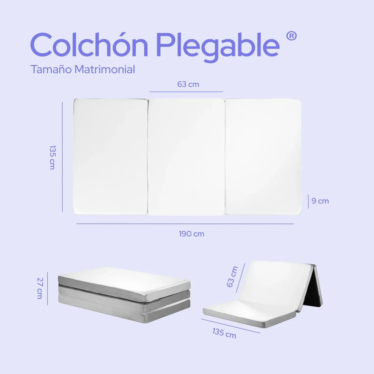 Colchón Colchoneta Plegable Matrimonial Para Visitas o Acampar De Espuma Con Maleta Color Blanco ColorDreams