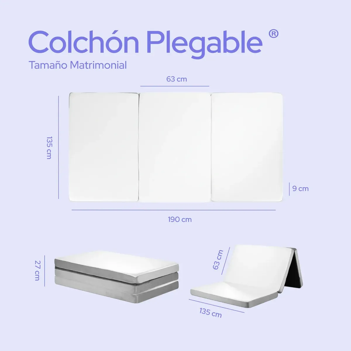 Colchón Colchoneta Plegable Matrimonial Para Visitas o Acampar De Espuma Con Maleta Color Blanco ColorDreams