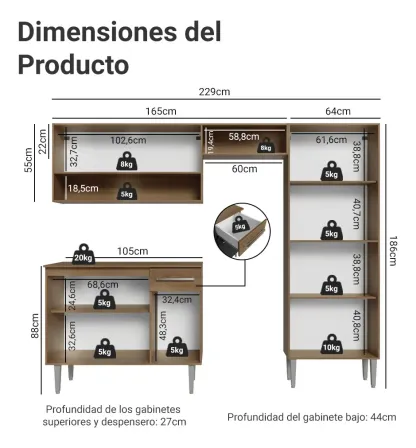 Cocina Integral Completa Emilly Pop 229 cm 2 Marrón Negro Madesa GREM229002
