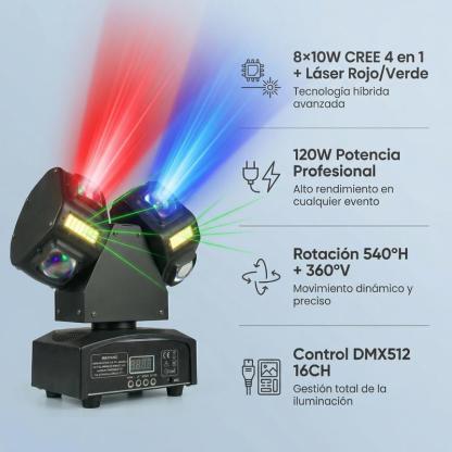 Luz DJ Cabeza Móvil 3 en 1 con 18 Brazos, Beam Láser RGB con Estrobo y Efecto Bola Mágica, Alta Potencia para Discoteca, Bar y Fiesta