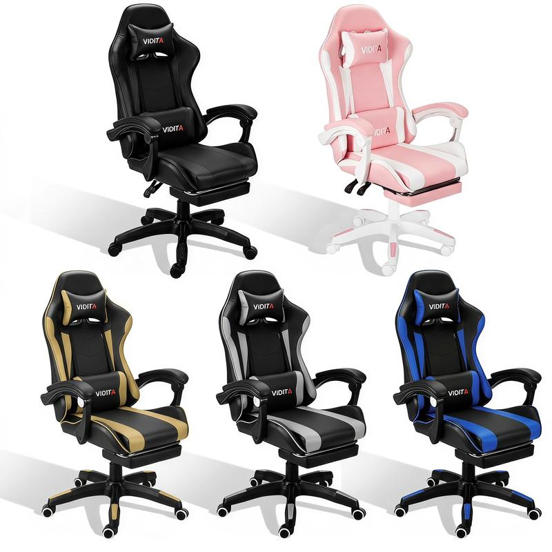 Silla de oficina ergonómica para videojuegos con reposapiés | Altura regulable | Silla de oficina para videojuegos | Estilo minimalista moderno | Equipada con reposacabezas y soporte lumbar ajustables | Color negro y disponible en melocotón, morado, amari