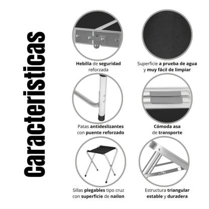 Mesa plegable ajustable 120 cm con 4 sillas estilo portafolio para camping, picnic o jardín, fabricada en plástico resistente con estructura de metal ligera, ideal para exteriores y fácil de transportar.