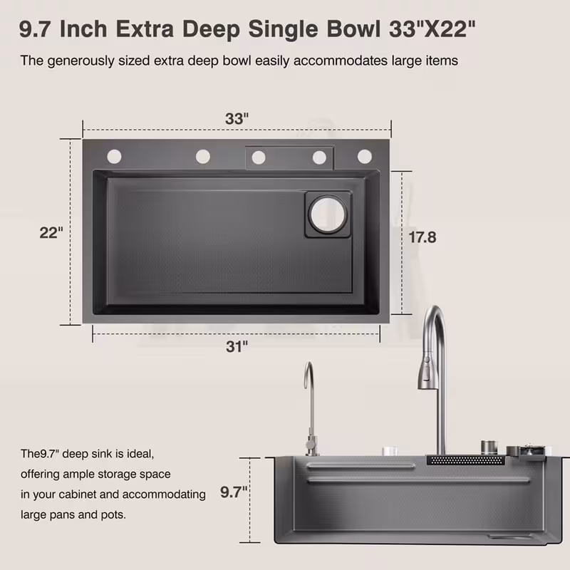 33x22 inch   flying rain drop in stainless steel watefall kitchen sink single bowl with pull down faucet set accessories included Product details 1