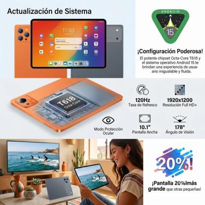 Tablet 10.1\" Android 15 Rendimiento Fluido | Octa-Core | 16GB+256GB | Pantalla HD | 10000mAh | WiFi 5G | Accesorios Incluidos