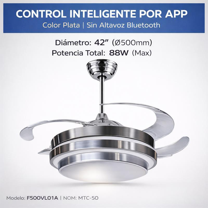 Lámpara con Ventilador de Techo MEGALUZ 42 Pulgadas Hoja Retráctil, 3 Temperaturas de Color, Bluetooth, Control Remoto, para Sala/Habitación