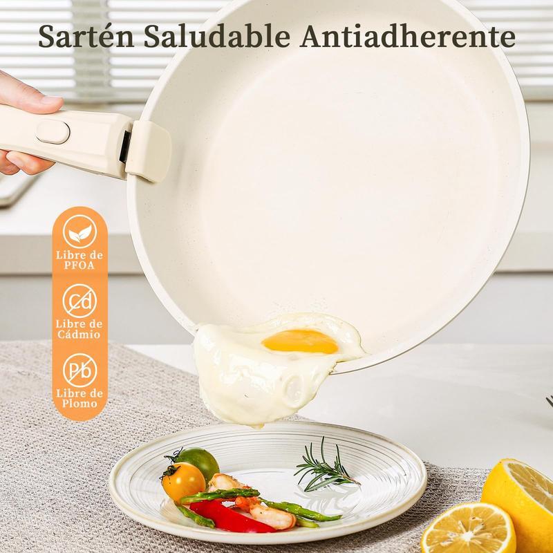 Batería De Cocina 15/17/22 Piezas Juego De Sartenes Ollas  Utensilios Sartenes Antiadherentes Con Mangos Desmontables Y Tapas De Vidrio Para Inducción, Gas Y Horno Negro Blanco Libre de PTFE, PFOA, plomo y cadmio. Cocina con menos aceite, sin que se pegue