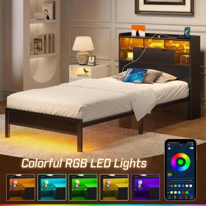 Cama Ironwood, Marco de Cama Metal Negro con Luces LED, 3 Puertos USB y 6 Estantes - Base de Almacenamiento, Resistente, Fácil Montaje (Individual / Matrimonial / Queen)