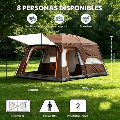 Casa Campaña VBELL 3.3*2.3*1.8m Tienda de Acampar para 8-10 Personas con 2 Habitaciones y Porche Expandible para Familias y Senderismo