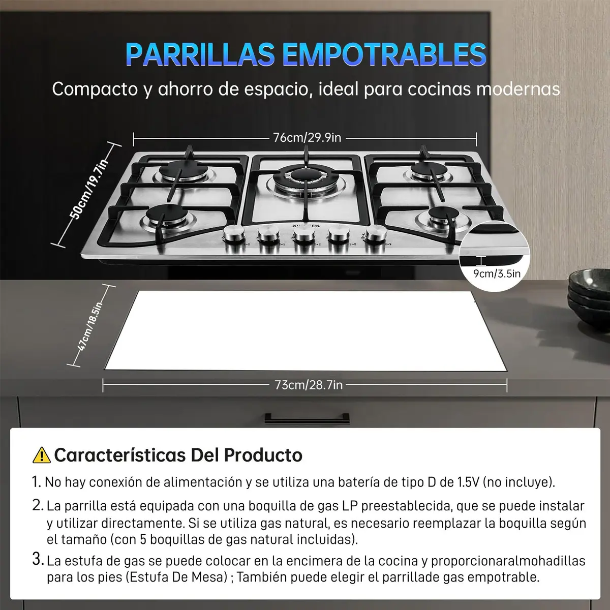 Parrilla de Gas Xiudeen Empotrable o de Mesa con 5 Quemadores en Acero Inoxidable Plateado