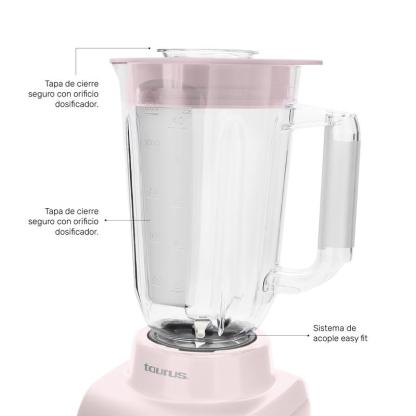 Licuadora Rosa Taurus Haley Ribbon, Potente 500W, ideal para smoothies y jugos, jarra de plástico de 1.65 L, compacta y Moderna