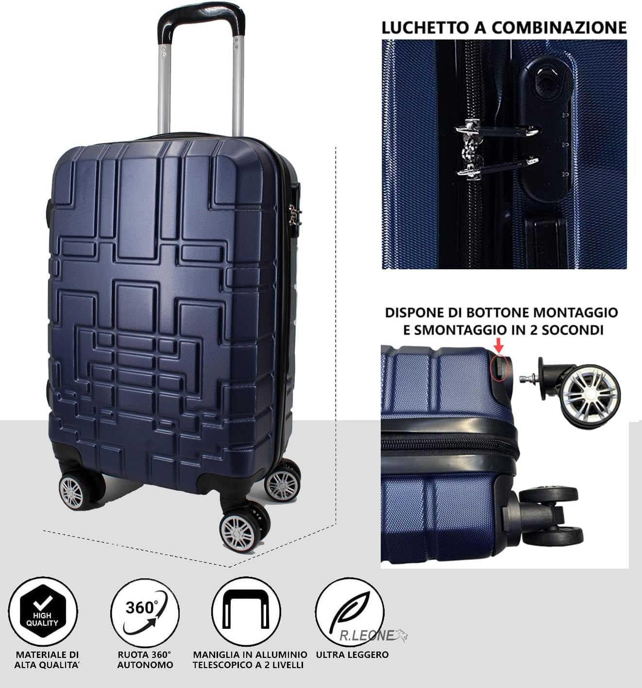 Maleta R.Leone EasyJet, 45 x 36 x 20 cm, ABS, 4 ruedas autónomas (Azul, Maleta 611 50 x 33 x 20 cm)
