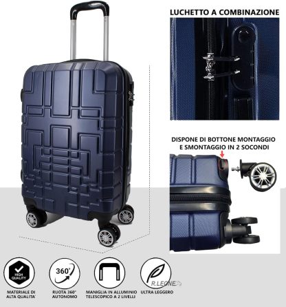 Maleta R.Leone EasyJet, 45 x 36 x 20 cm, ABS, 4 ruedas autónomas (Azul, Maleta 611 50 x 33 x 20 cm)