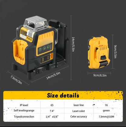 Nivel láser DW con medidor verde de 12 líneas para exteriores, resistente al agua IP54, herramienta de alta precisión, alcance vertical de 360 ​​grados, batería de 12 V.
