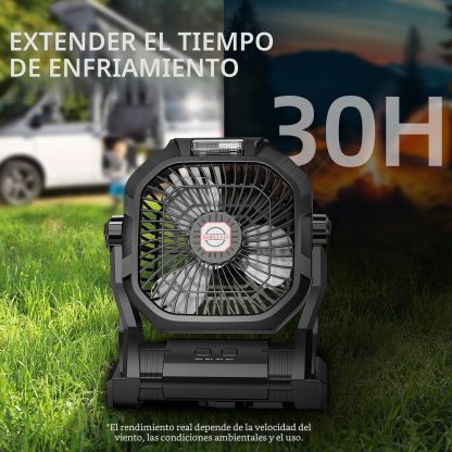 Ventilador recargable para camping, portátil y alimentado por batería de 20.000 mAh, con luz LED y gancho; cuenta con 4 velocidades y cabezal ajustable 270°. Ideal para tiendas de campaña, viajes, coche, uso en interiores y exteriores, barbacoas, pesca y 