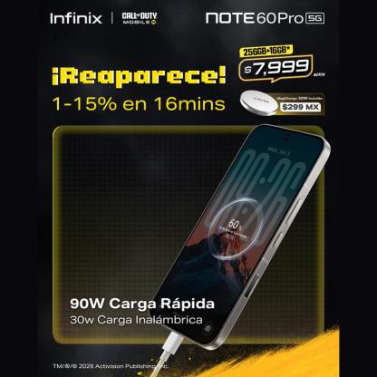 Infinix Note 60 Pro 5G 12GB+12GB RAM 256GB | Pantalla AMOLED 6.78" 1.5K 144Hz | Snapdragon 7s Gen 4 | Batería 6000mAh Carga Rápida 90W | Cámara 50MP OIS | NFC | Dual SIM | Android 16